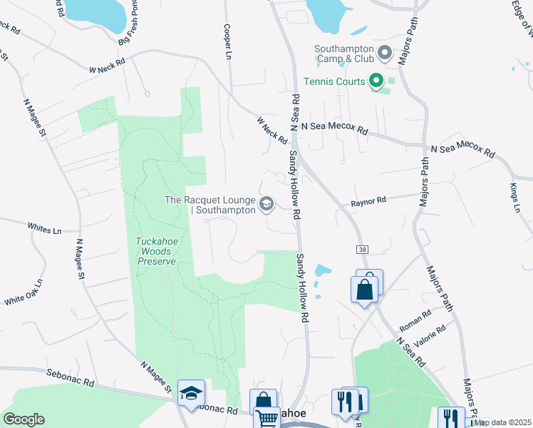 map of restaurants, bars, coffee shops, grocery stores, and more near 125 Sandy Hollow Road in Southampton