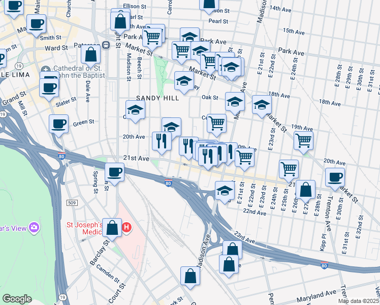 map of restaurants, bars, coffee shops, grocery stores, and more near 104 Martin Street in Paterson
