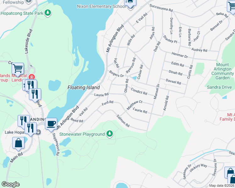 map of restaurants, bars, coffee shops, grocery stores, and more near 19 Laurie Road in Roxbury Township