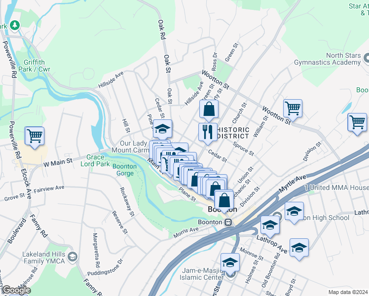 map of restaurants, bars, coffee shops, grocery stores, and more near 218 Liberty Street in Boonton
