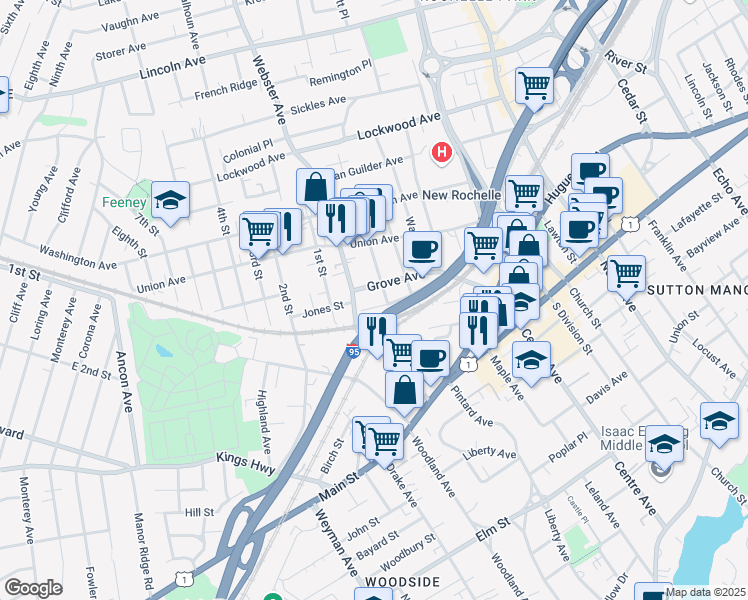 map of restaurants, bars, coffee shops, grocery stores, and more near 65 Crescent Avenue in New Rochelle