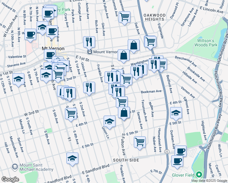 map of restaurants, bars, coffee shops, grocery stores, and more near 206 South Fulton Avenue in Mount Vernon