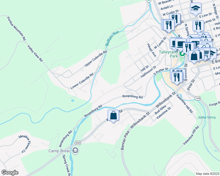 map of restaurants, bars, coffee shops, grocery stores, and more near 947 Halfmoon Street in Bellefonte