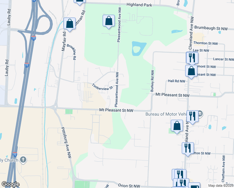 map of restaurants, bars, coffee shops, grocery stores, and more near 8510 Pleasantwood Avenue Northwest in North Canton