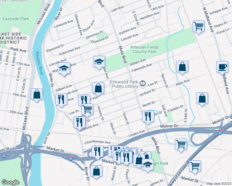 map of restaurants, bars, coffee shops, grocery stores, and more near 144 Miller Ave in Elmwood Park