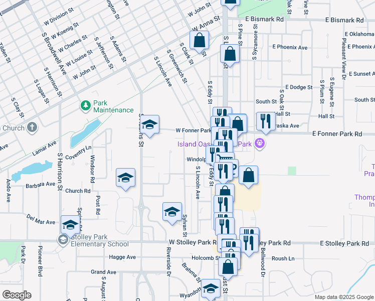 map of restaurants, bars, coffee shops, grocery stores, and more near 1311 Sylvan Street in Grand Island