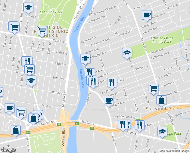 map of restaurants, bars, coffee shops, grocery stores, and more near 17 Falmouth Avenue in Elmwood Park