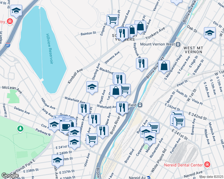 map of restaurants, bars, coffee shops, grocery stores, and more near 185 1st Street in Yonkers