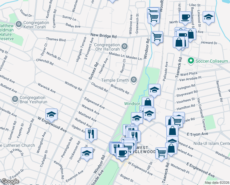 map of restaurants, bars, coffee shops, grocery stores, and more near 309 Churchill Road in Teaneck