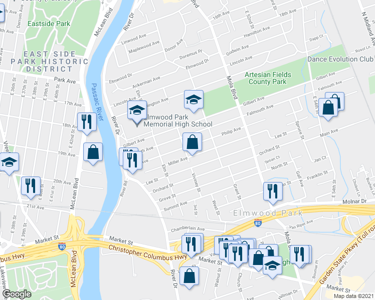 map of restaurants, bars, coffee shops, grocery stores, and more near 102 Philip Avenue in Elmwood Park