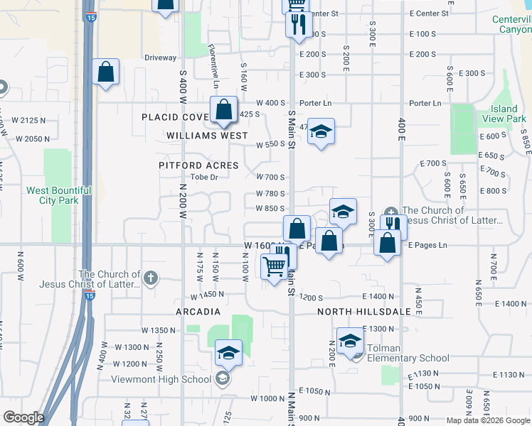 map of restaurants, bars, coffee shops, grocery stores, and more near 83 West 850 South in Centerville