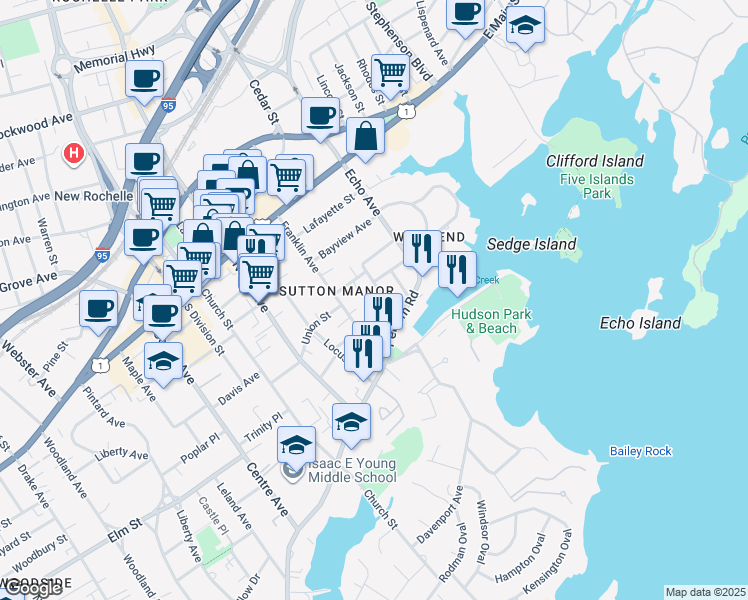 map of restaurants, bars, coffee shops, grocery stores, and more near 23 Park Avenue in New Rochelle