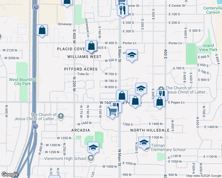 map of restaurants, bars, coffee shops, grocery stores, and more near 65 West 850 South in Centerville