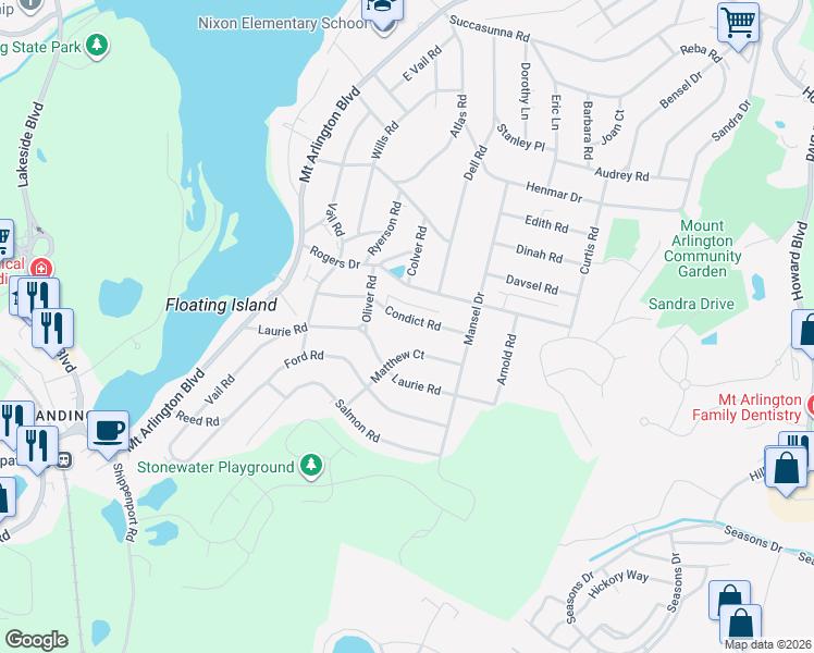 map of restaurants, bars, coffee shops, grocery stores, and more near 30 Condict Road in Roxbury Township