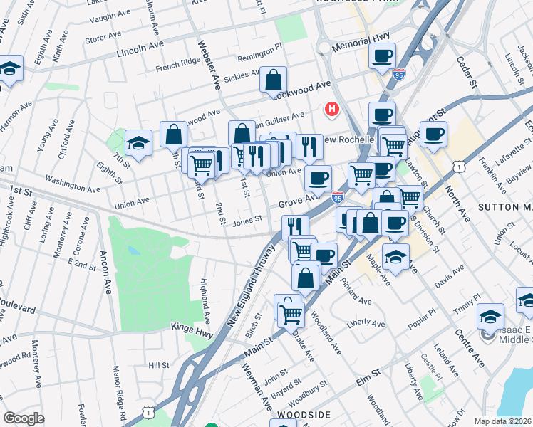 map of restaurants, bars, coffee shops, grocery stores, and more near 128 Webster Avenue in New Rochelle