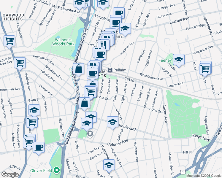 map of restaurants, bars, coffee shops, grocery stores, and more near 136 Corlies Avenue in Village of Pelham