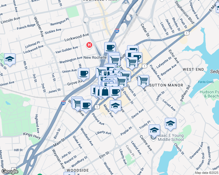 map of restaurants, bars, coffee shops, grocery stores, and more near 347 U.S. 1 in New Rochelle