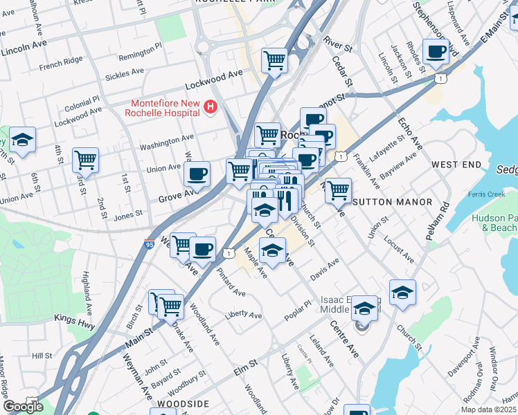 map of restaurants, bars, coffee shops, grocery stores, and more near 575 Main Street in New Rochelle