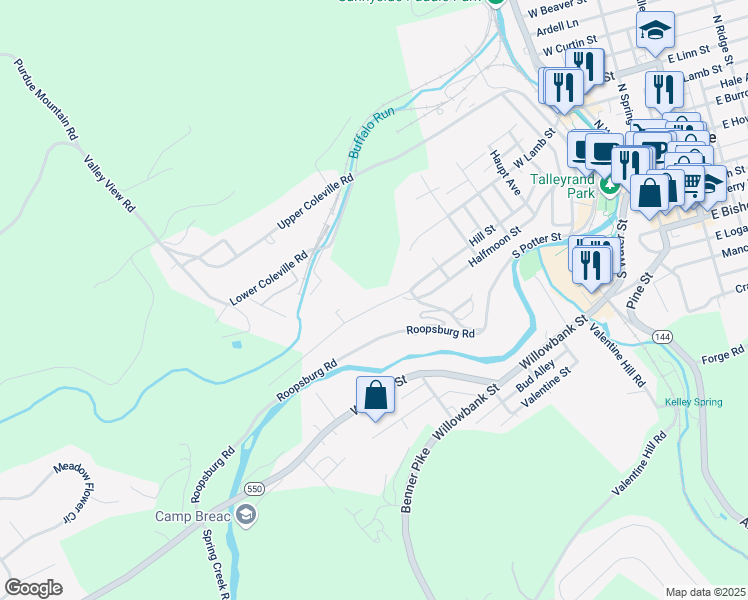 map of restaurants, bars, coffee shops, grocery stores, and more near 937 Halfmoon Street in Bellefonte