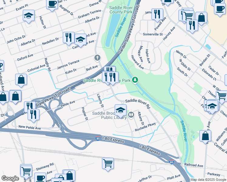 map of restaurants, bars, coffee shops, grocery stores, and more near 492 Saddle River Rd in Saddle Brook