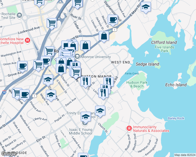 map of restaurants, bars, coffee shops, grocery stores, and more near in New Rochelle