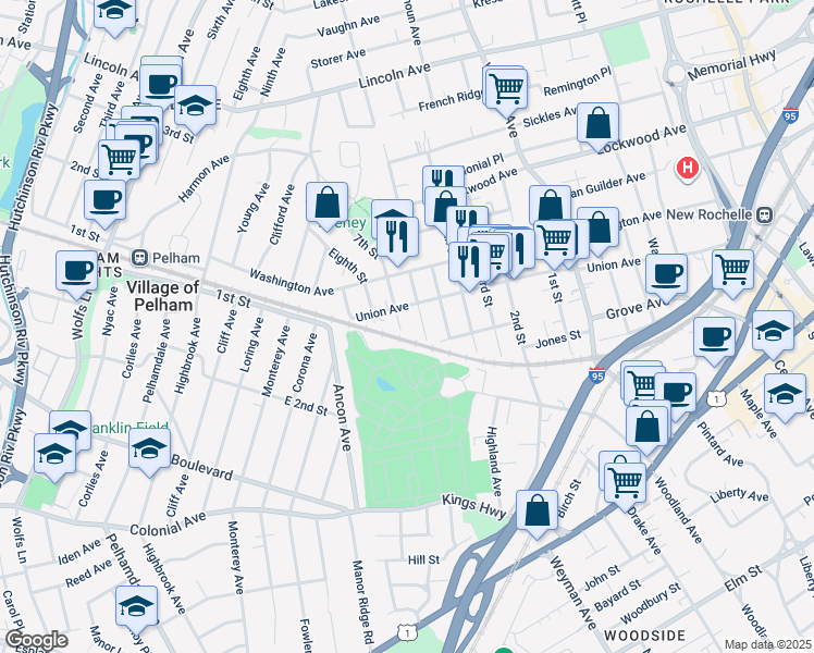 map of restaurants, bars, coffee shops, grocery stores, and more near 2 7th Street in New Rochelle