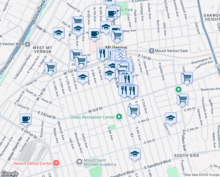 map of restaurants, bars, coffee shops, grocery stores, and more near 121 South 6th Avenue in Mount Vernon