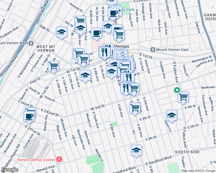map of restaurants, bars, coffee shops, grocery stores, and more near 125 South 7th Avenue in Mount Vernon