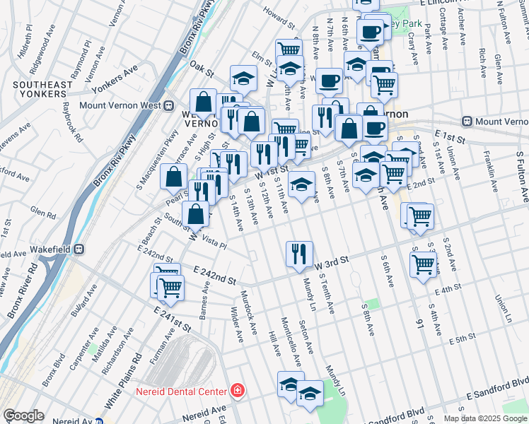 map of restaurants, bars, coffee shops, grocery stores, and more near 53 South 12th Avenue in Mount Vernon
