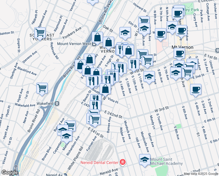map of restaurants, bars, coffee shops, grocery stores, and more near 275 West 1st Street in Mount Vernon