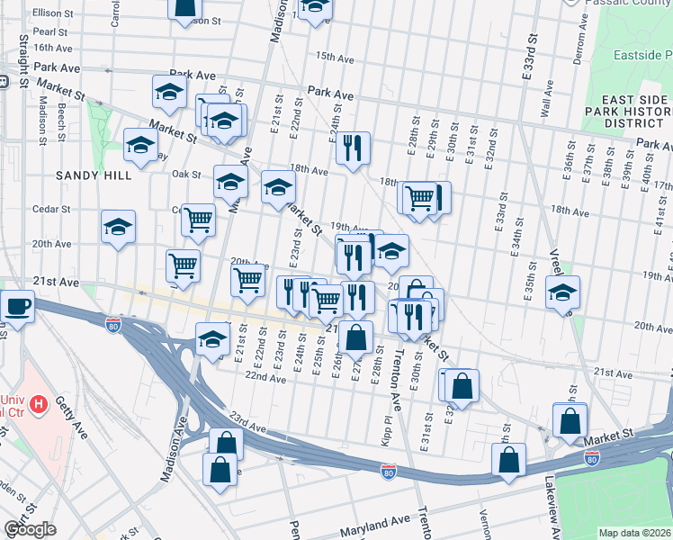 map of restaurants, bars, coffee shops, grocery stores, and more near 433 20th Avenue in Paterson