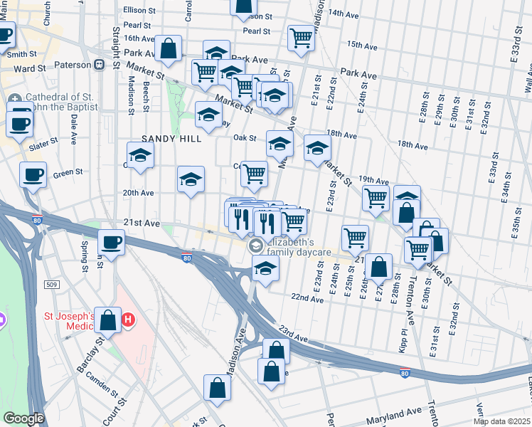 map of restaurants, bars, coffee shops, grocery stores, and more near 961 Madison Avenue in Paterson
