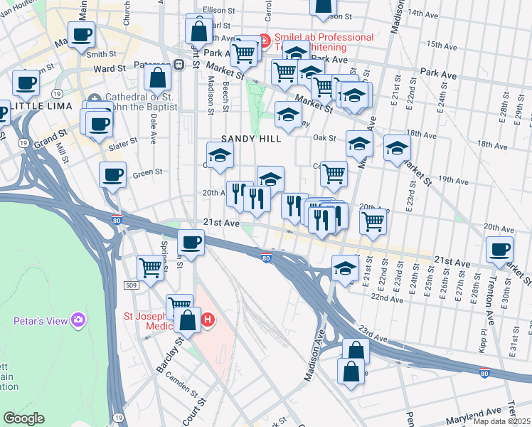map of restaurants, bars, coffee shops, grocery stores, and more near 61 State Street in Paterson