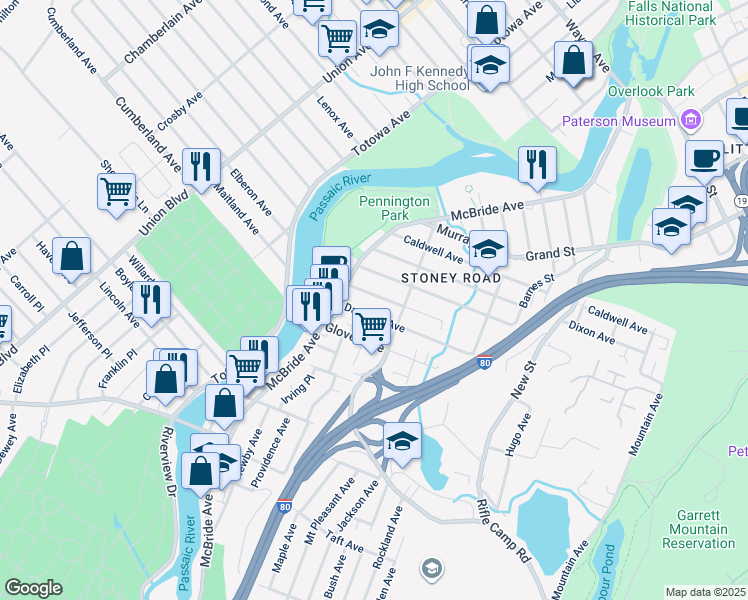 map of restaurants, bars, coffee shops, grocery stores, and more near 45 Danforth Avenue in Paterson