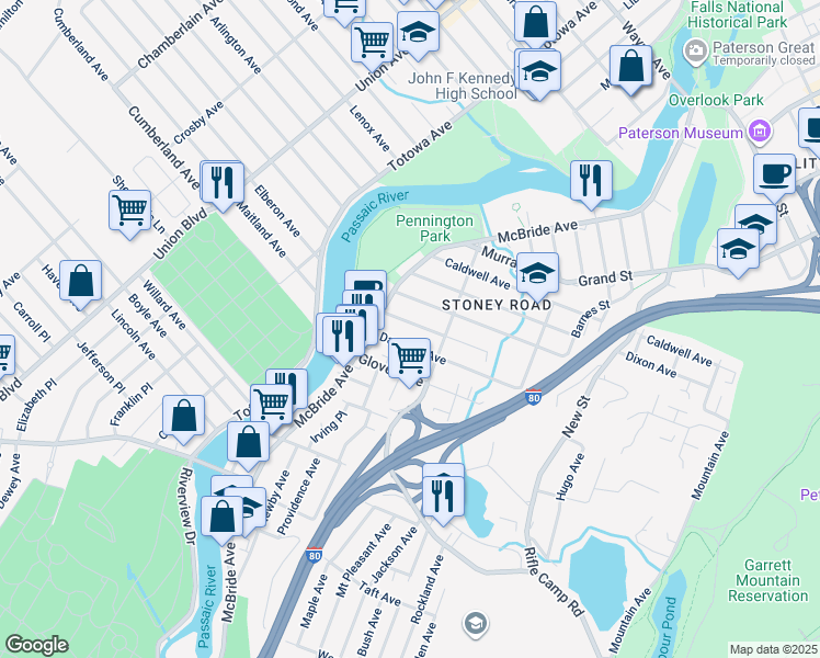 map of restaurants, bars, coffee shops, grocery stores, and more near 45 Danforth Avenue in Paterson