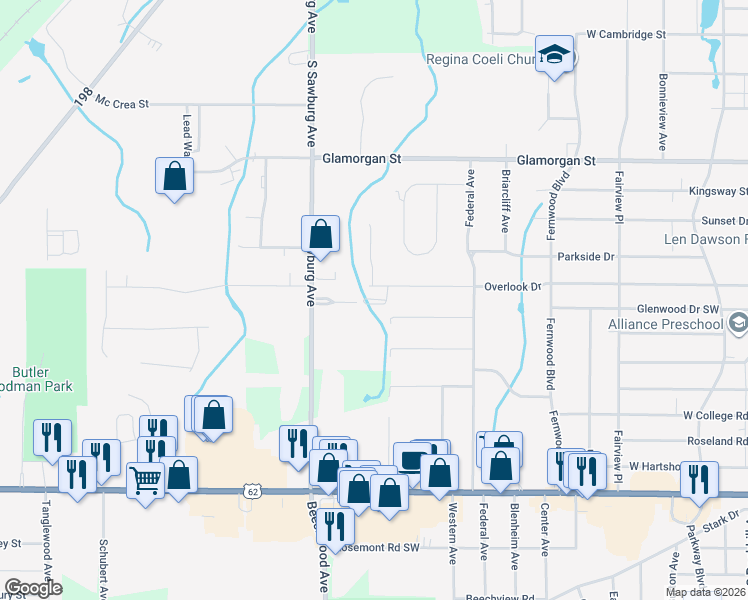 map of restaurants, bars, coffee shops, grocery stores, and more near 1720 Carriage Lane in Alliance