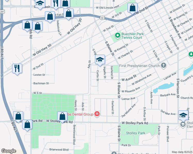 map of restaurants, bars, coffee shops, grocery stores, and more near 618 Curtis Street in Grand Island