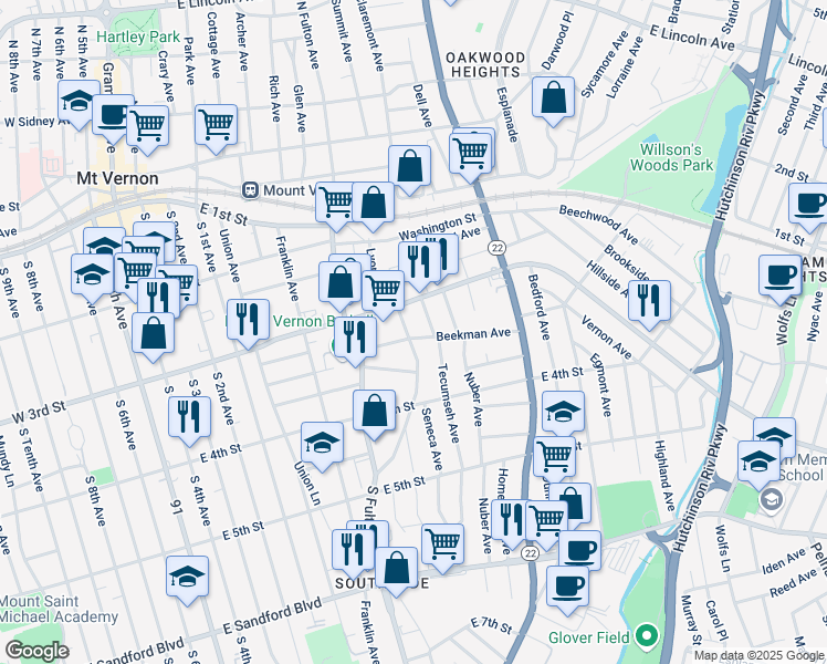 map of restaurants, bars, coffee shops, grocery stores, and more near 31 Beekman Avenue in Mount Vernon