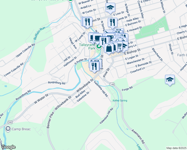 map of restaurants, bars, coffee shops, grocery stores, and more near Match Factory Place in Bellefonte