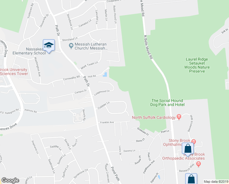 map of restaurants, bars, coffee shops, grocery stores, and more near 14 Ledgewood Circle in Setauket- East Setauket