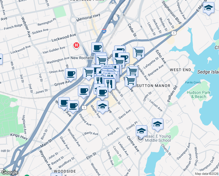 map of restaurants, bars, coffee shops, grocery stores, and more near 522 Main Street in New Rochelle