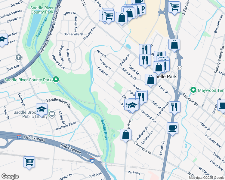 map of restaurants, bars, coffee shops, grocery stores, and more near 95 Chestnut St in Rochelle Park