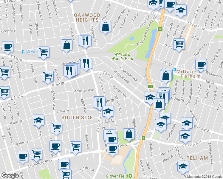 map of restaurants, bars, coffee shops, grocery stores, and more near 265 Garden Avenue in Mount Vernon