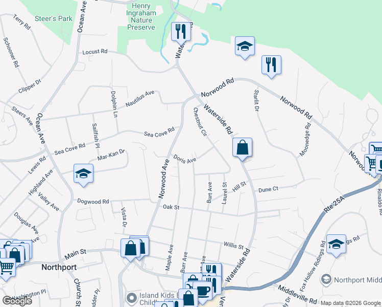 map of restaurants, bars, coffee shops, grocery stores, and more near 31 Doris Avenue in Northport