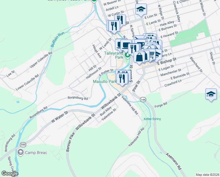 map of restaurants, bars, coffee shops, grocery stores, and more near Reynolds Avenue in Bellefonte