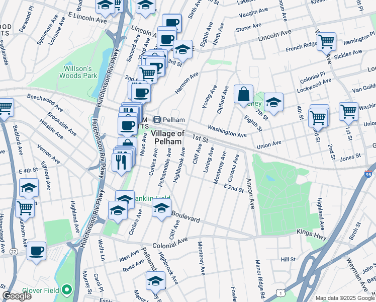 map of restaurants, bars, coffee shops, grocery stores, and more near 120 Highbrook Avenue in Village of Pelham