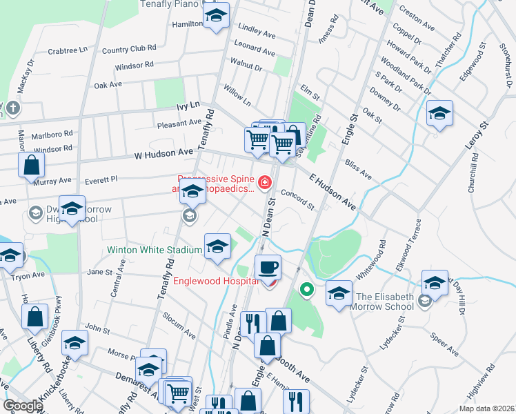 map of restaurants, bars, coffee shops, grocery stores, and more near 19 Highwood Avenue in Englewood