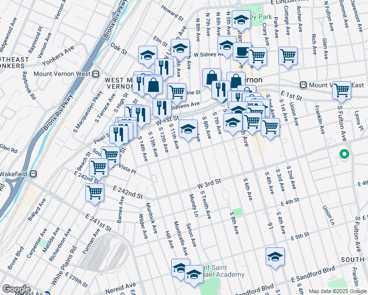 map of restaurants, bars, coffee shops, grocery stores, and more near 58 South 10th Avenue in Mount Vernon