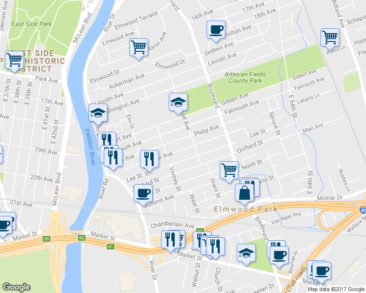 map of restaurants, bars, coffee shops, grocery stores, and more near 119 Miller Avenue in Elmwood Park