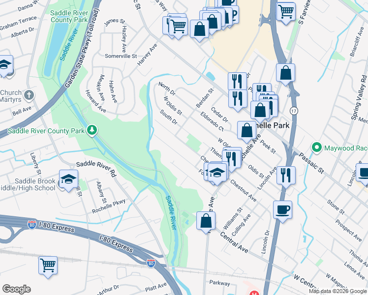 map of restaurants, bars, coffee shops, grocery stores, and more near 95 Chestnut Street in Rochelle Park